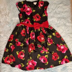 Children’s Place Girls Size 14 Floral Dress Black Red Pink Roses Bow Party